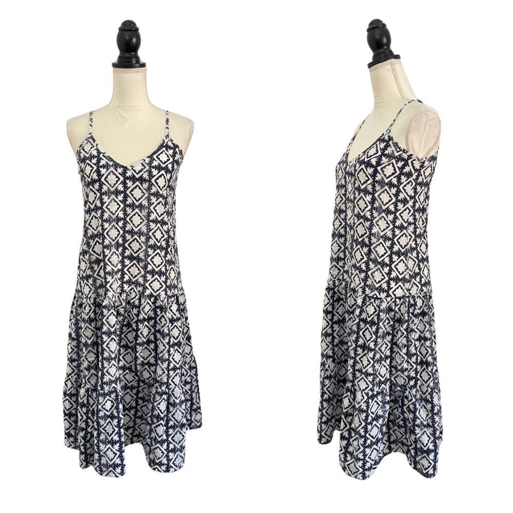 Oliphant White & Blue Geometric Metallic Gauze Tiered Midi Vacation Dress Small